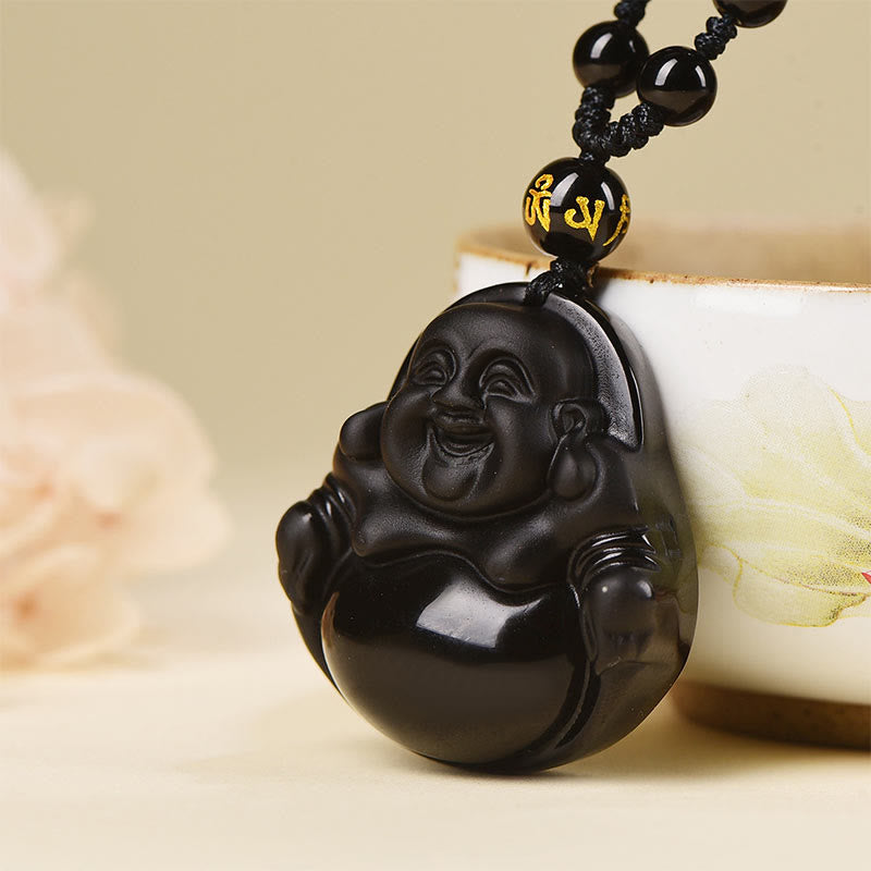 Natural Black Obsidian Ice Obsidian Laughing Buddha Purification Necklace Pendant