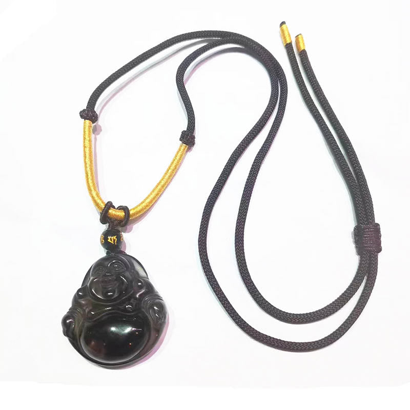 Natural Black Obsidian Ice Obsidian Laughing Buddha Purification Necklace Pendant
