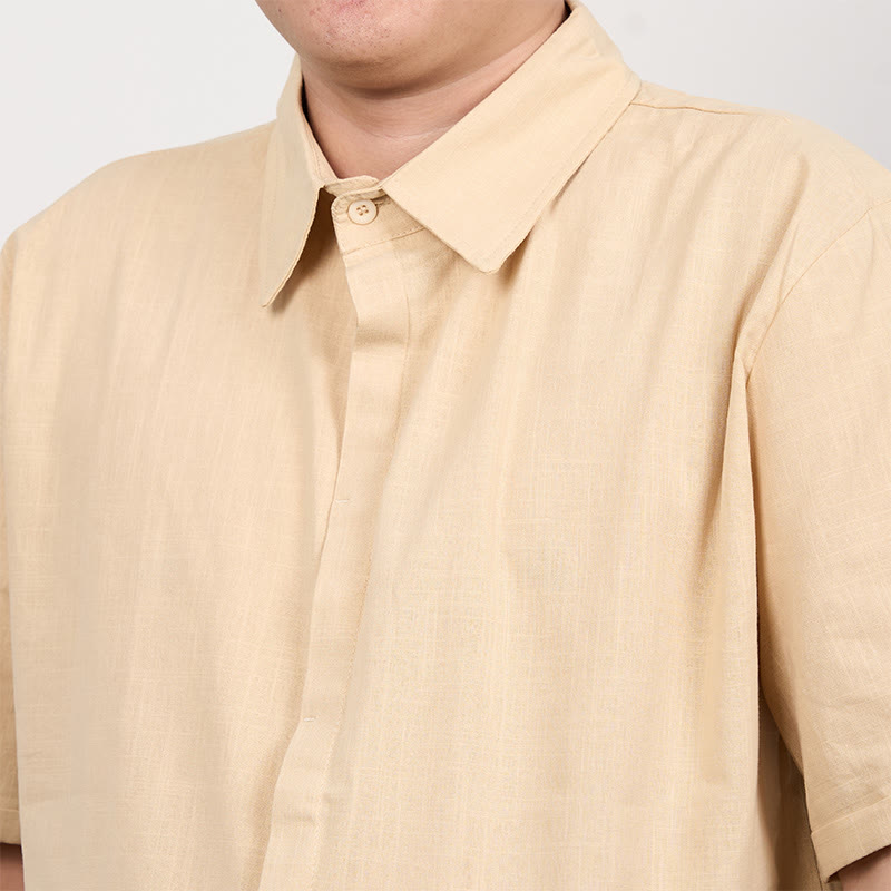 Tactile Cotton Linen Stand Collar Grounding Shirt