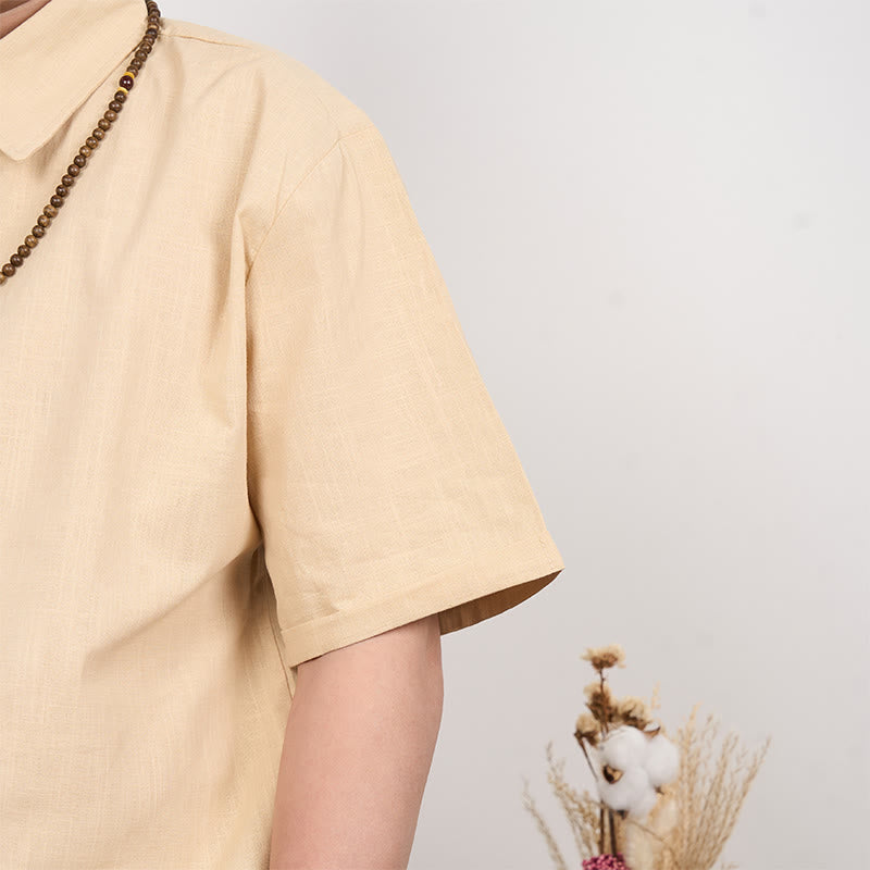 Tactile Cotton Linen Stand Collar Grounding Shirt