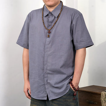 Tactile Cotton Linen Stand Collar Grounding Shirt