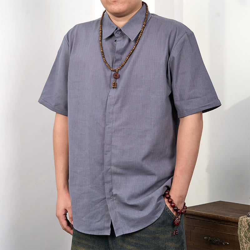 Tactile Cotton Linen Stand Collar Grounding Shirt