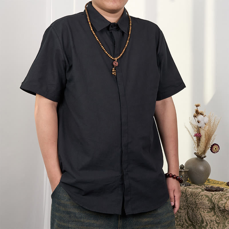 Tactile Cotton Linen Stand Collar Grounding Shirt