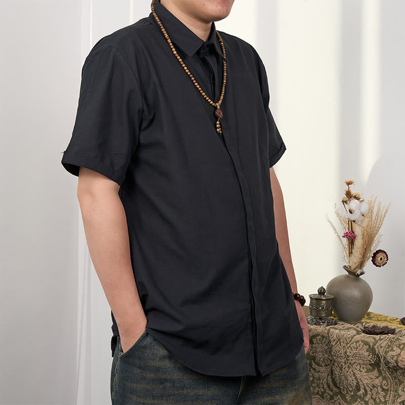 Tactile Cotton Linen Stand Collar Grounding Shirt