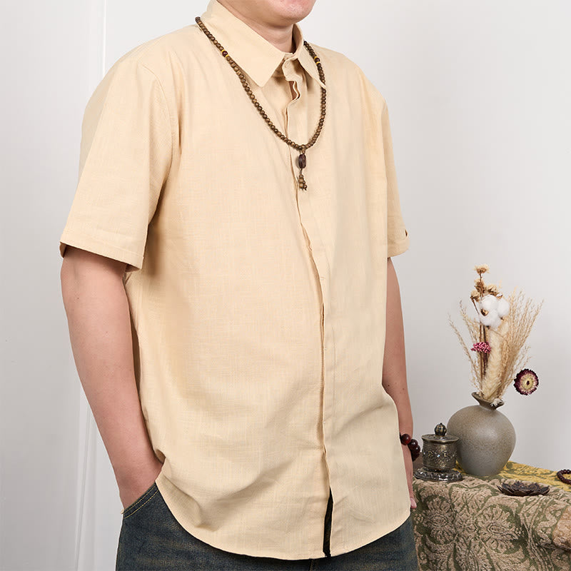 Tactile Cotton Linen Stand Collar Grounding Shirt