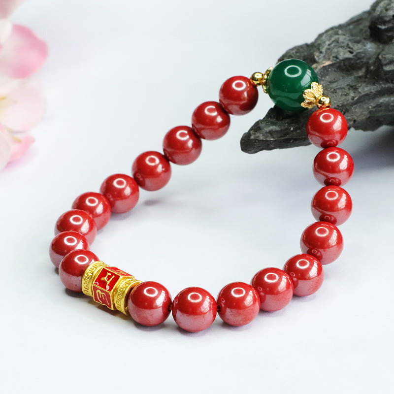 Natural Cinnabar and Green Agate Om Mani Padme Hum Inscribed Bead Bracelet