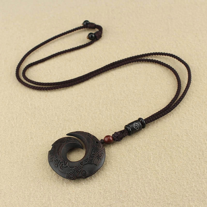 Ebony Wood Sandalwood One's Luck Improves Design Pattern Peace Necklace Pendant