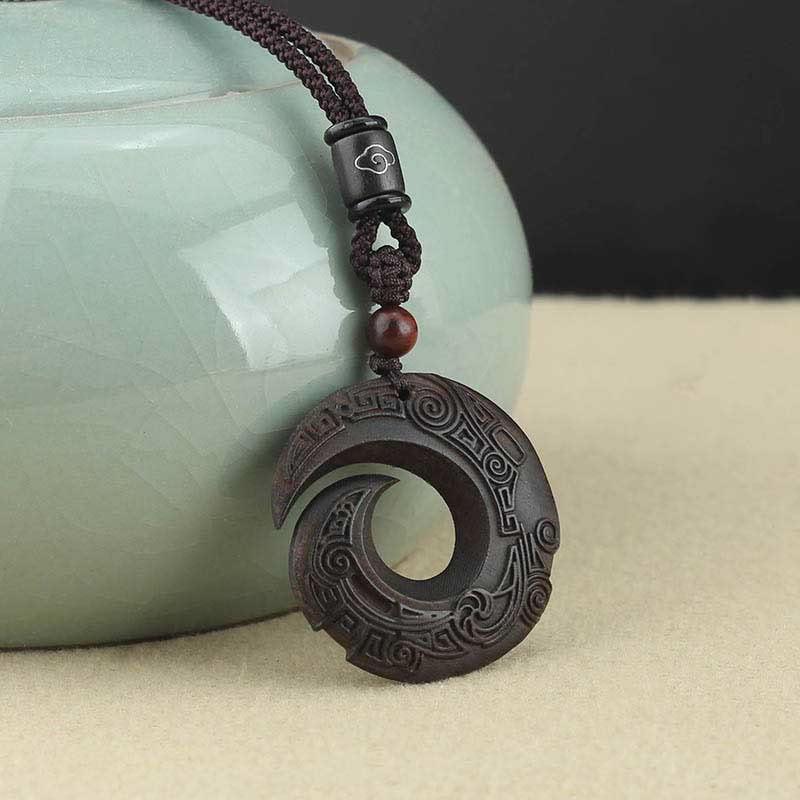 Ebony Wood Sandalwood One's Luck Improves Design Pattern Peace Necklace Pendant