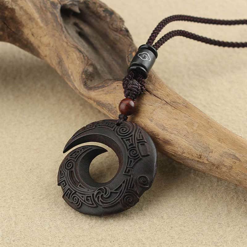 Ebony Wood Sandalwood One's Luck Improves Design Pattern Peace Necklace Pendant
