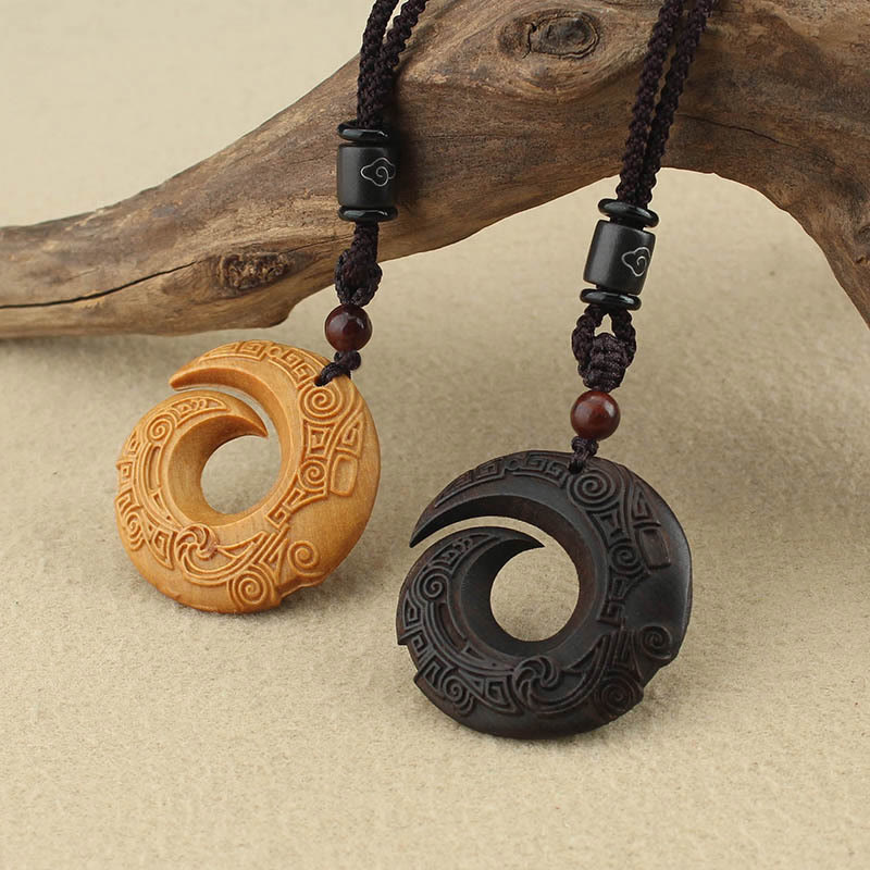 Ebony Wood Sandalwood One's Luck Improves Design Pattern Peace Necklace Pendant