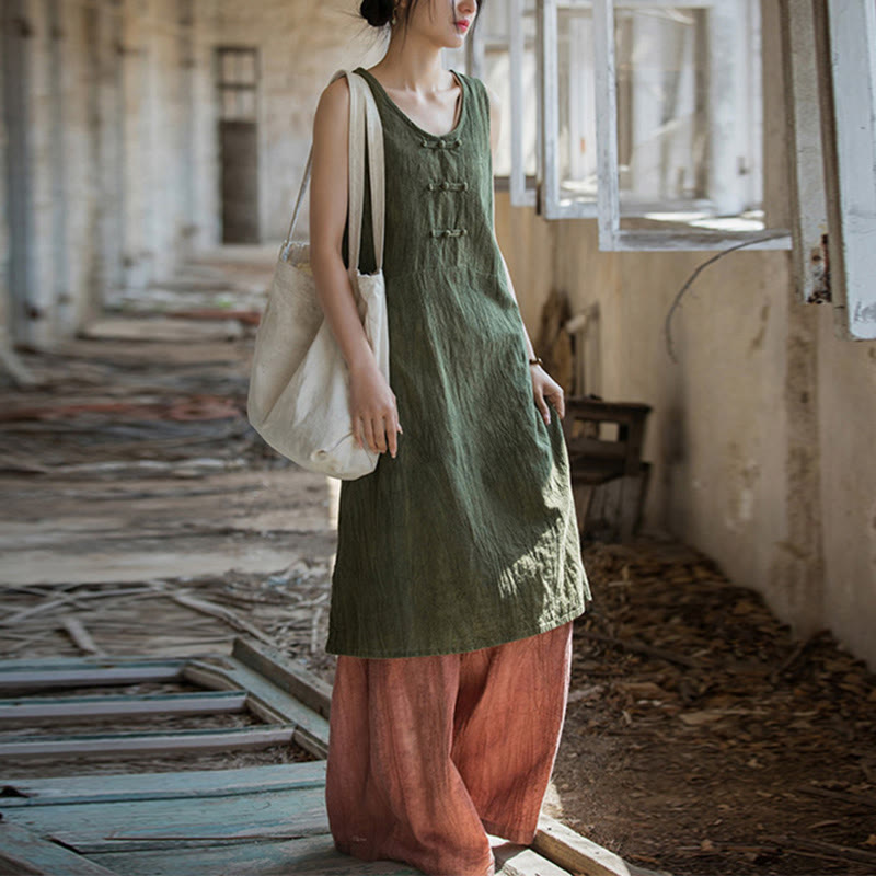Frog-Button Sleeveless Cami Midi Dress Ramie Linen Wide Leg Pants With Pockets