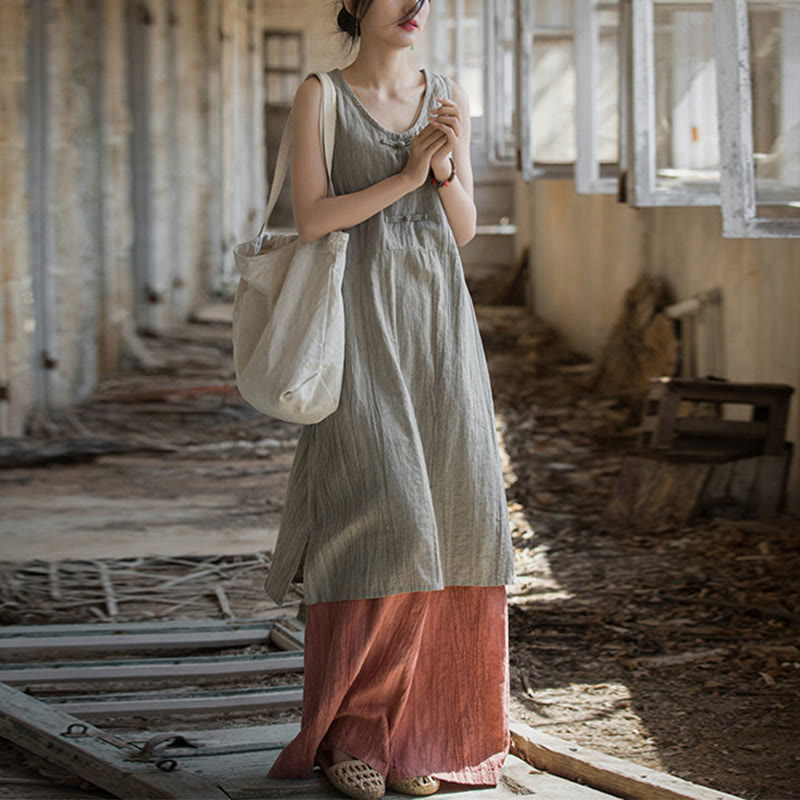 Frog-Button Sleeveless Cami Midi Dress Ramie Linen Wide Leg Pants With Pockets