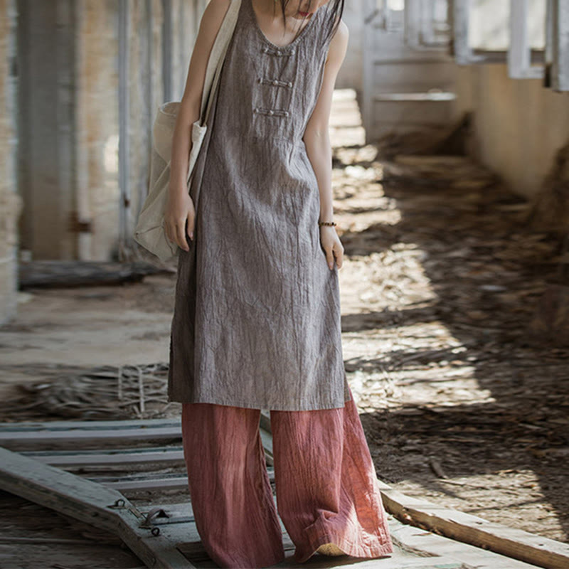 Frog-Button Sleeveless Cami Midi Dress Ramie Linen Wide Leg Pants With Pockets