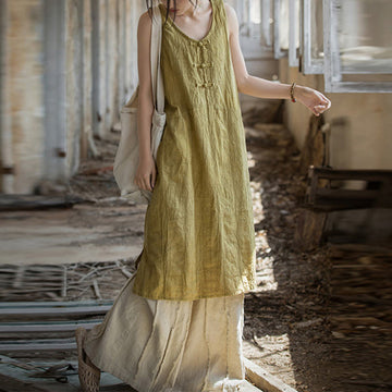 Frog-Button Sleeveless Cami Midi Dress Ramie Linen Wide Leg Pants With Pockets