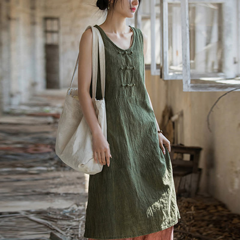 Frog-Button Sleeveless Cami Midi Dress Ramie Linen Wide Leg Pants With Pockets