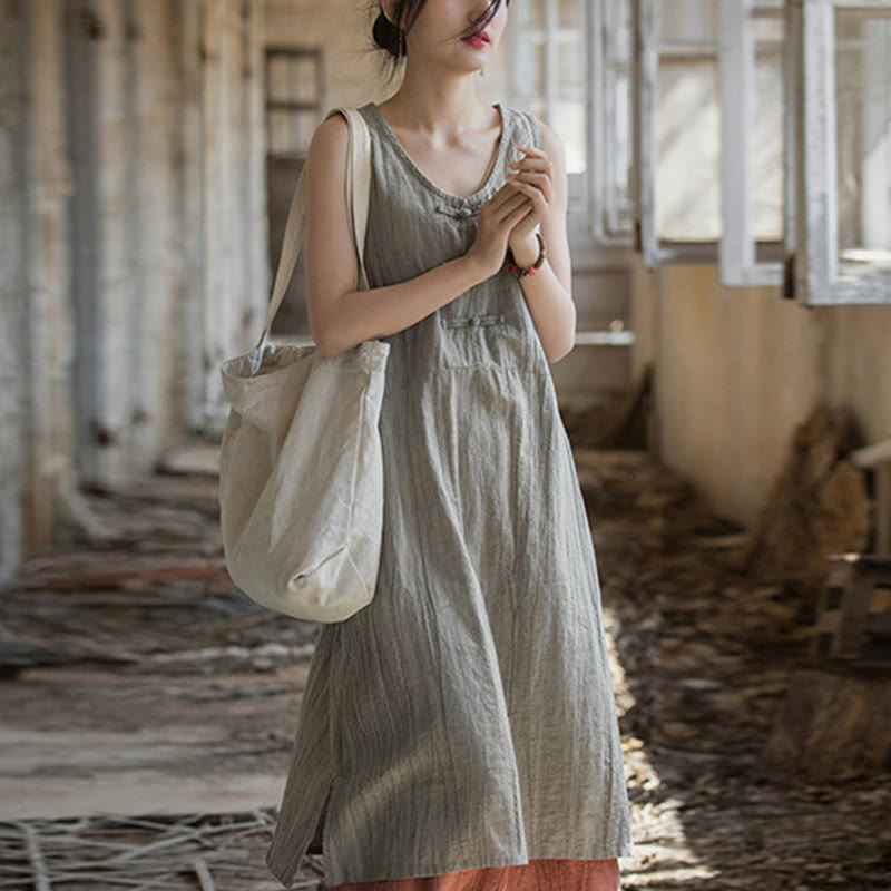 Frog-Button Sleeveless Cami Midi Dress Ramie Linen Wide Leg Pants With Pockets