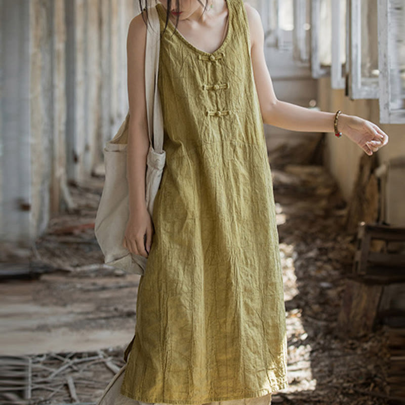 Frog-Button Sleeveless Cami Midi Dress Ramie Linen Wide Leg Pants With Pockets