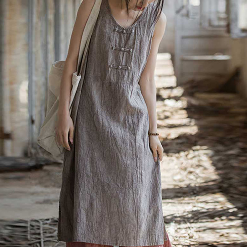 Frog-Button Sleeveless Cami Midi Dress Ramie Linen Wide Leg Pants With Pockets