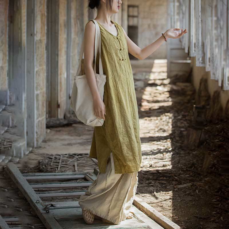 Frog-Button Sleeveless Cami Midi Dress Ramie Linen Wide Leg Pants With Pockets