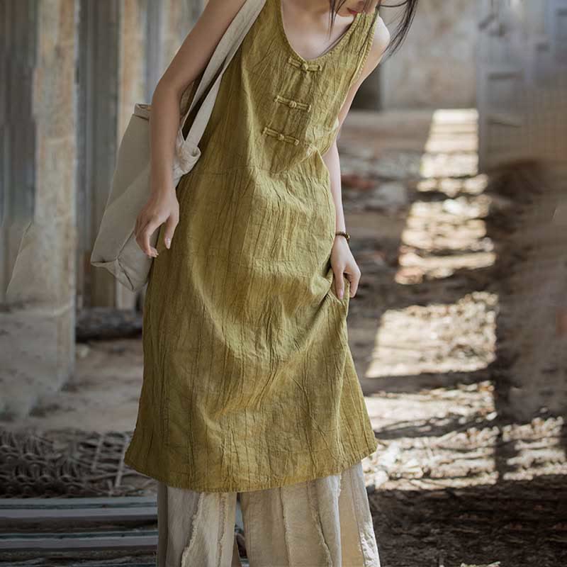 Frog-Button Sleeveless Cami Midi Dress Ramie Linen Wide Leg Pants With Pockets