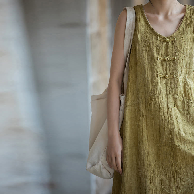 Frog-Button Sleeveless Cami Midi Dress Ramie Linen Wide Leg Pants With Pockets