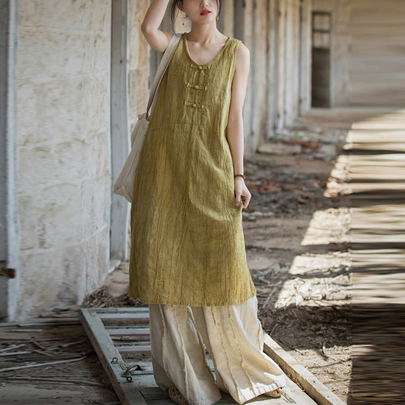 Frog-Button Sleeveless Cami Midi Dress Ramie Linen Wide Leg Pants With Pockets