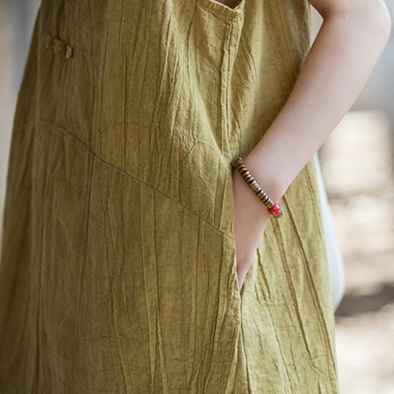 Frog-Button Sleeveless Cami Midi Dress Ramie Linen Wide Leg Pants With Pockets