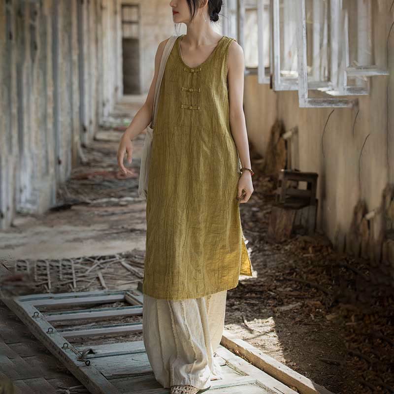 Frog-Button Sleeveless Cami Midi Dress Ramie Linen Wide Leg Pants With Pockets
