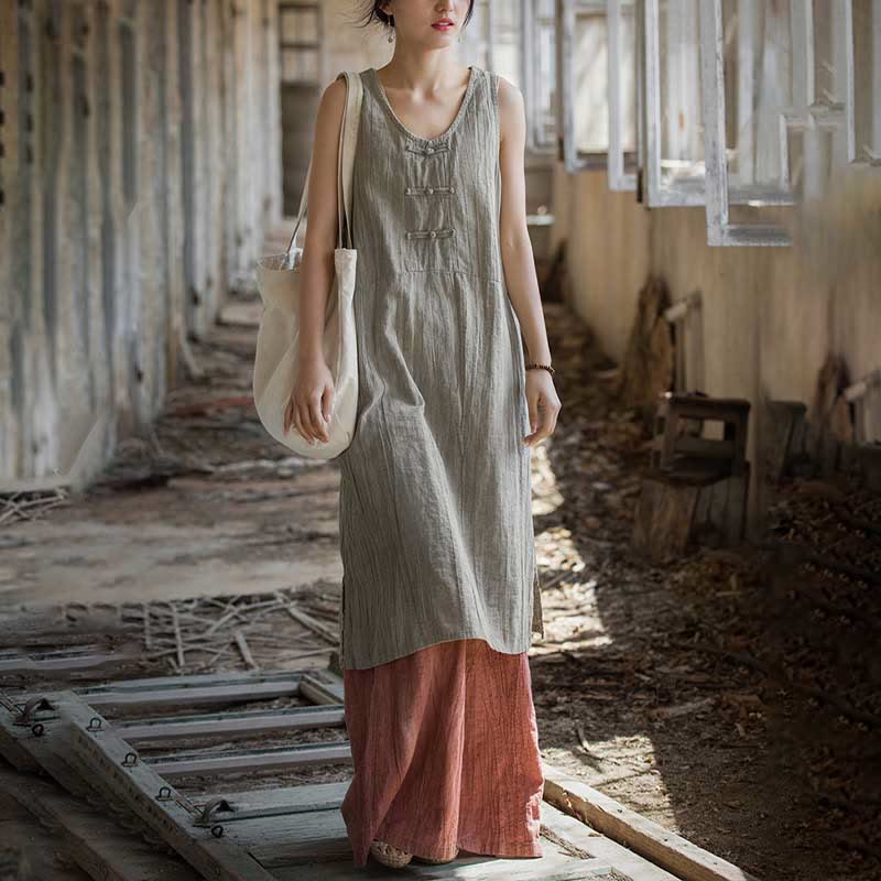 Frog-Button Sleeveless Cami Midi Dress Ramie Linen Wide Leg Pants With Pockets
