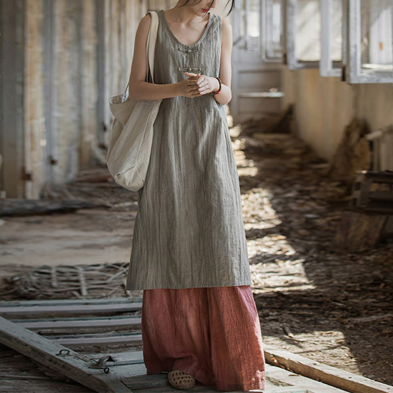 Frog-Button Sleeveless Cami Midi Dress Ramie Linen Wide Leg Pants With Pockets