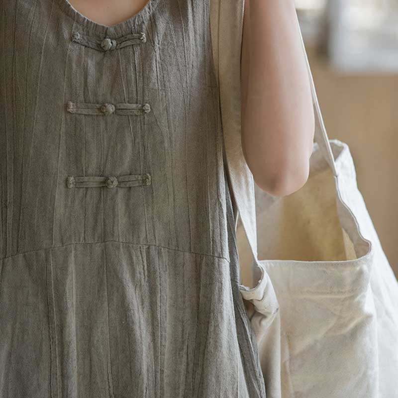 Frog-Button Sleeveless Cami Midi Dress Ramie Linen Wide Leg Pants With Pockets