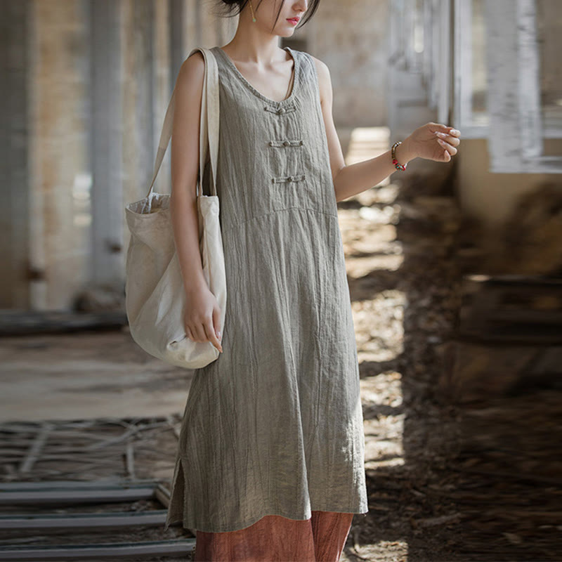 Frog-Button Sleeveless Cami Midi Dress Ramie Linen Wide Leg Pants With Pockets