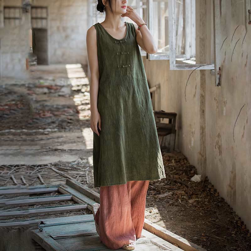 Frog-Button Sleeveless Cami Midi Dress Ramie Linen Wide Leg Pants With Pockets