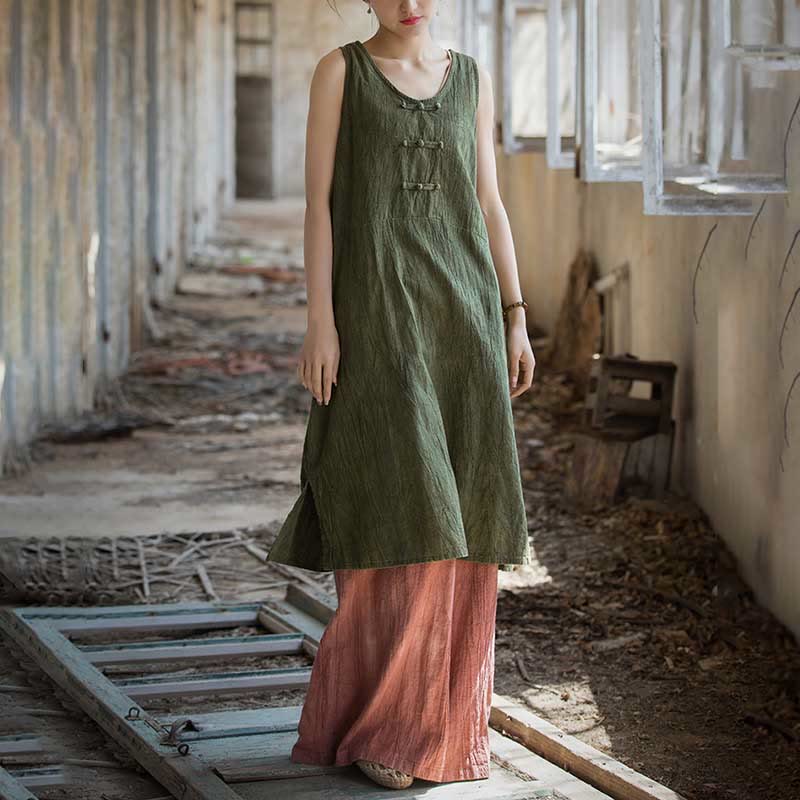 Frog-Button Sleeveless Cami Midi Dress Ramie Linen Wide Leg Pants With Pockets