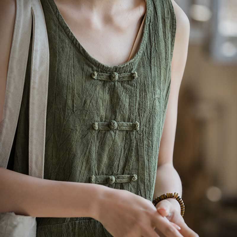 Frog-Button Sleeveless Cami Midi Dress Ramie Linen Wide Leg Pants With Pockets