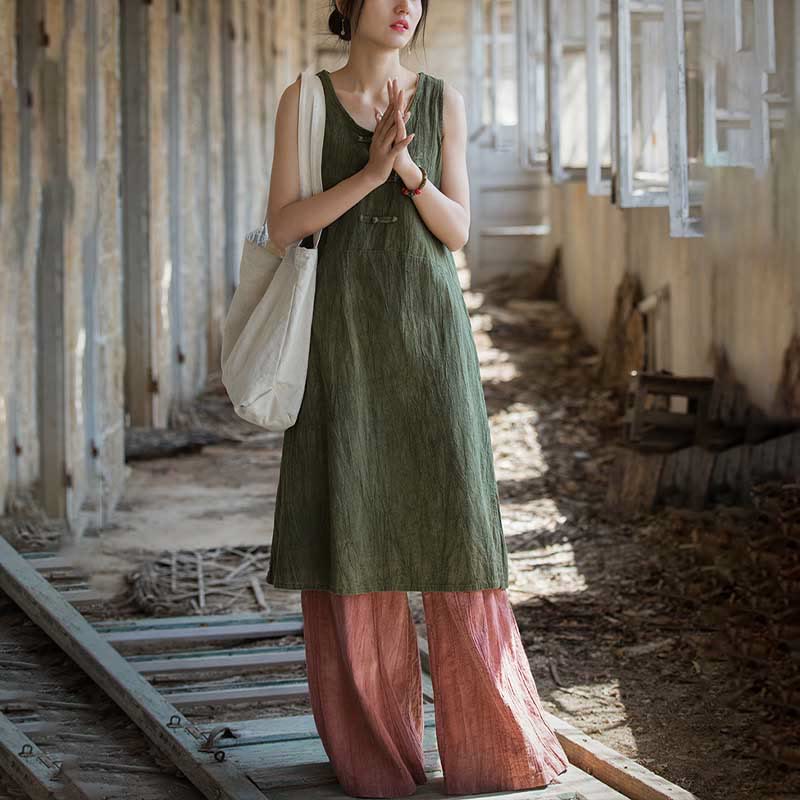 Frog-Button Sleeveless Cami Midi Dress Ramie Linen Wide Leg Pants With Pockets
