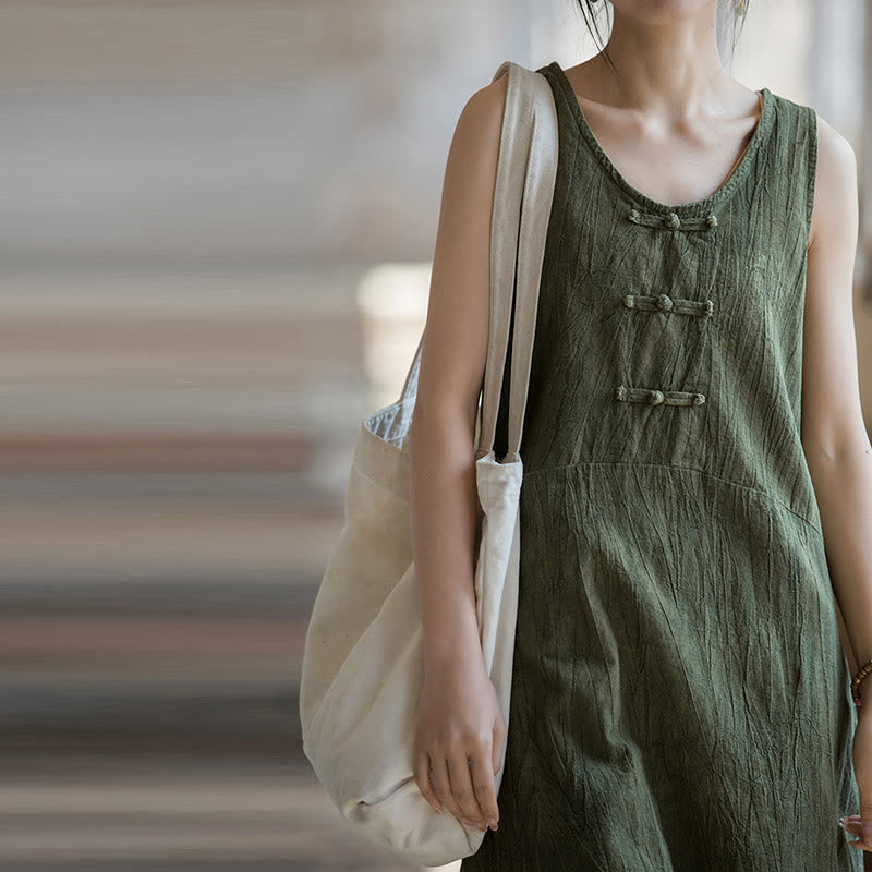 Frog-Button Sleeveless Cami Midi Dress Ramie Linen Wide Leg Pants With Pockets