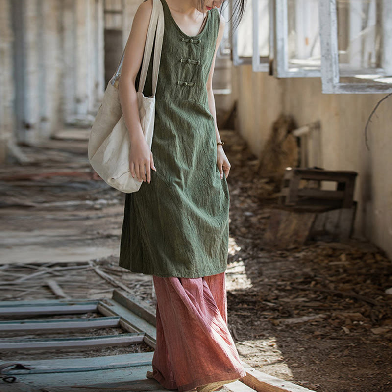 Frog-Button Sleeveless Cami Midi Dress Ramie Linen Wide Leg Pants With Pockets