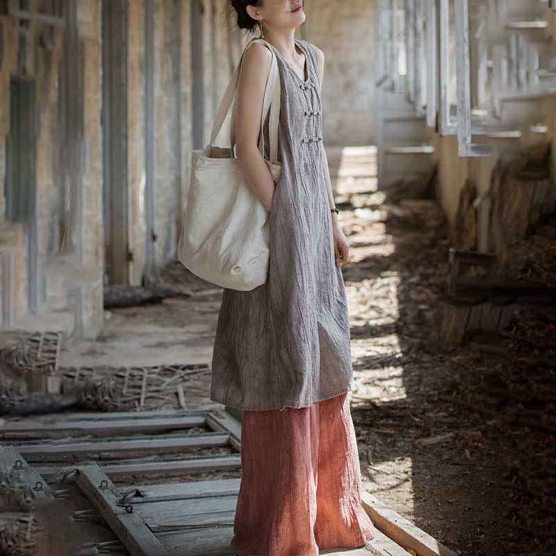 Frog-Button Sleeveless Cami Midi Dress Ramie Linen Wide Leg Pants With Pockets