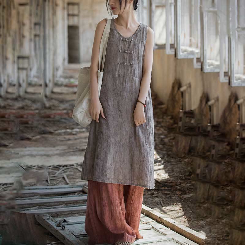 Frog-Button Sleeveless Cami Midi Dress Ramie Linen Wide Leg Pants With Pockets