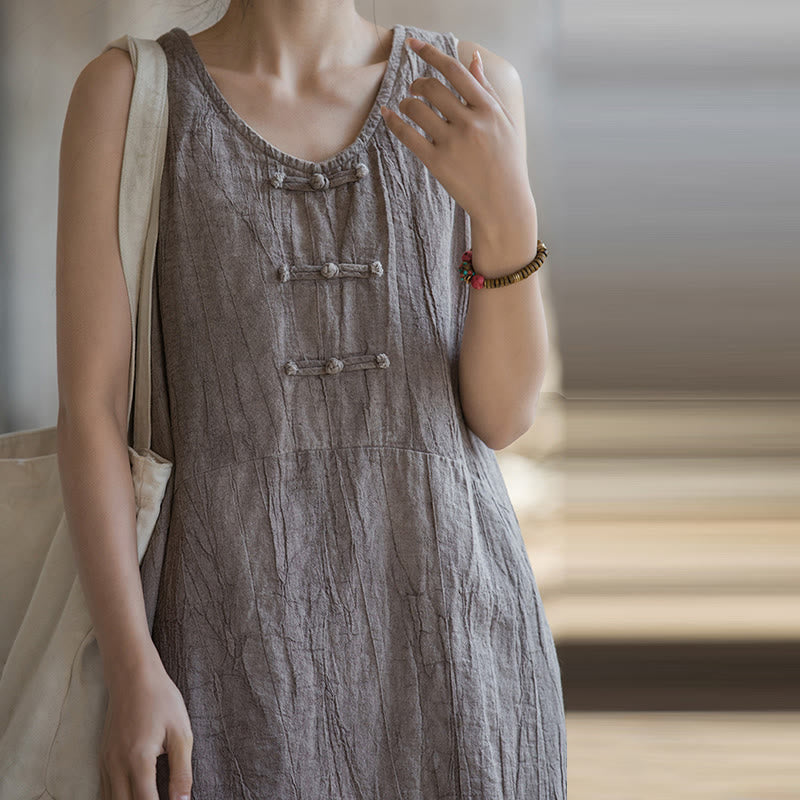 Frog-Button Sleeveless Cami Midi Dress Ramie Linen Wide Leg Pants With Pockets