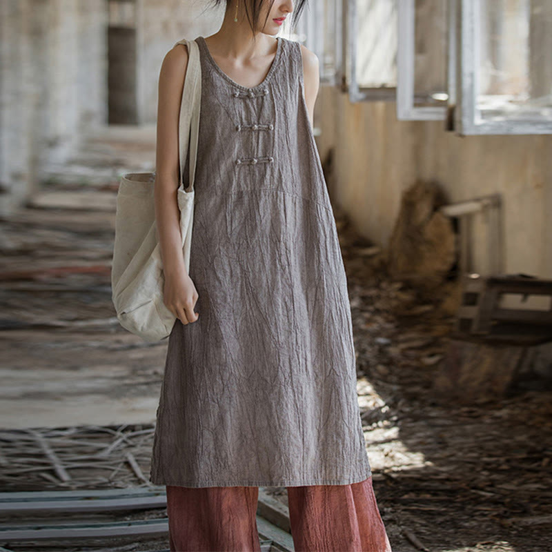 Frog-Button Sleeveless Cami Midi Dress Ramie Linen Wide Leg Pants With Pockets