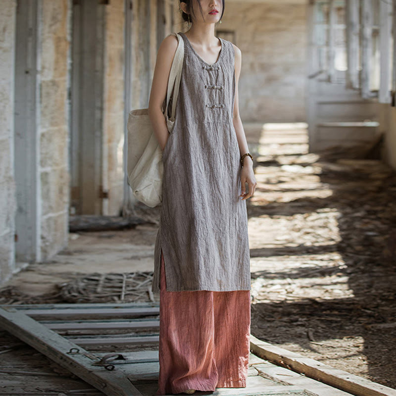 Frog-Button Sleeveless Cami Midi Dress Ramie Linen Wide Leg Pants With Pockets