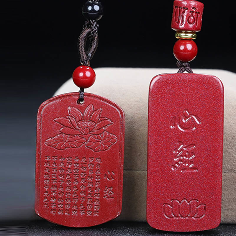 Cinnabar Lotus Heart Sutra Engraved Blessing Rope Necklace Pendant