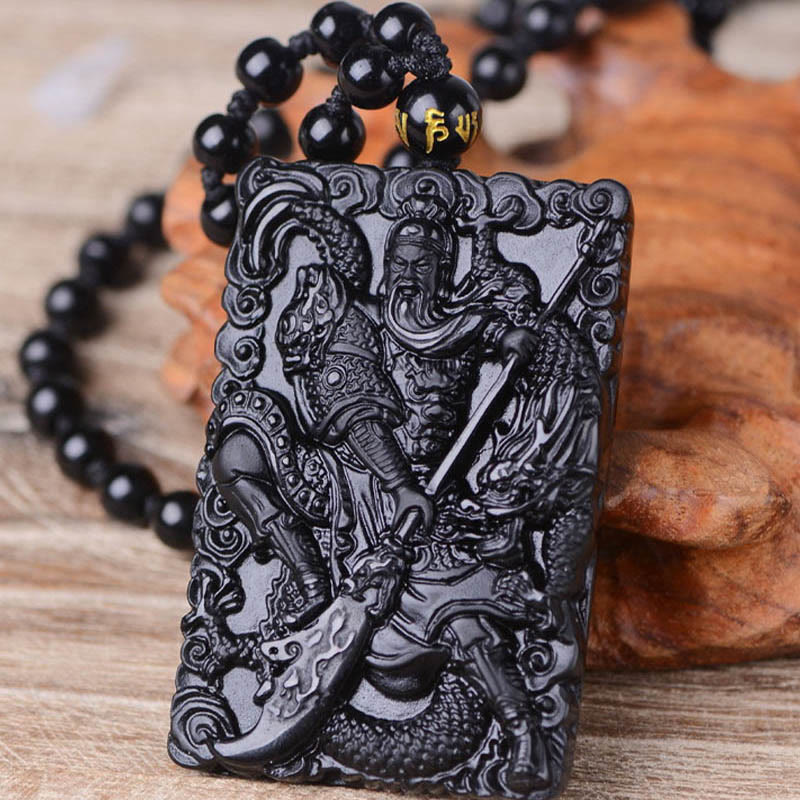 Black Obsidian Guan Gong Amulet Engraved Strength Necklace Pendant