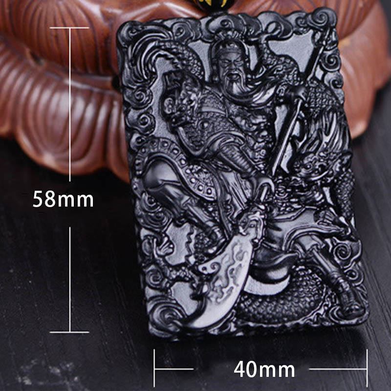 Black Obsidian Guan Gong Amulet Engraved Strength Necklace Pendant