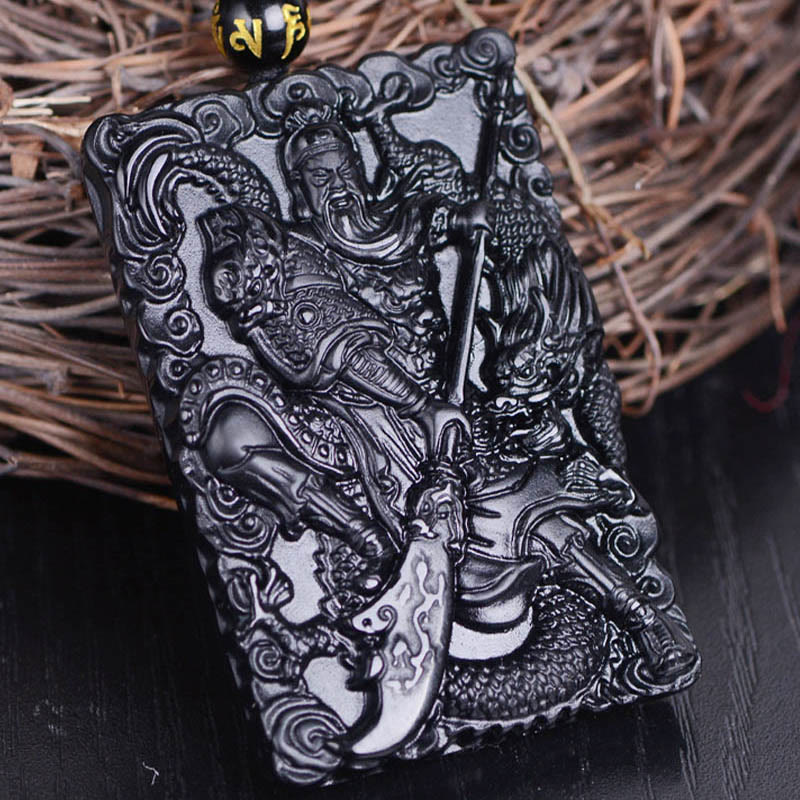 Black Obsidian Guan Gong Amulet Engraved Strength Necklace Pendant