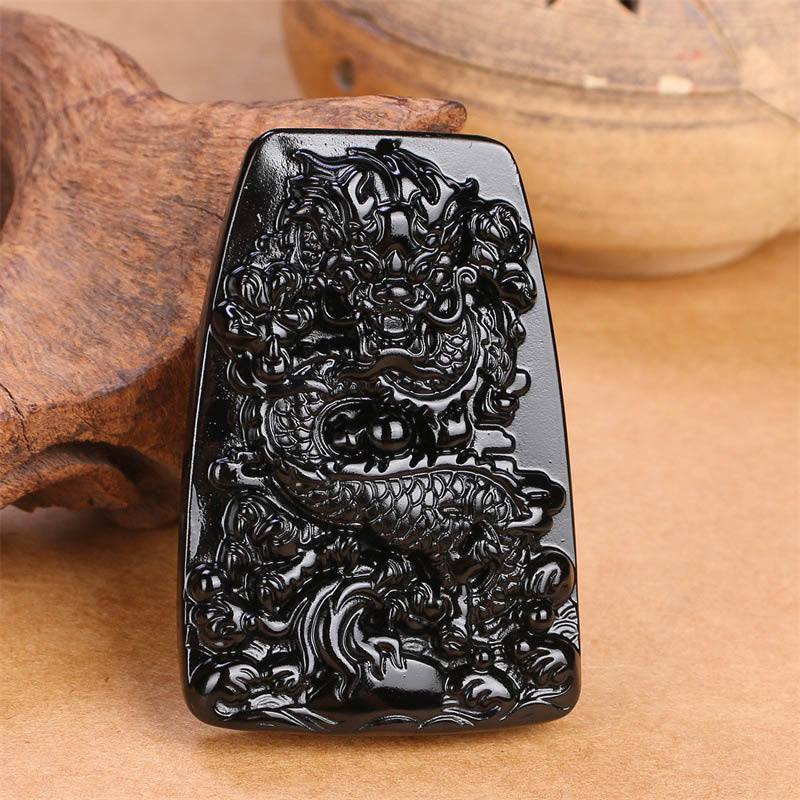 Black Obsidian Dragon Carved Luck Protection Necklace Pendant