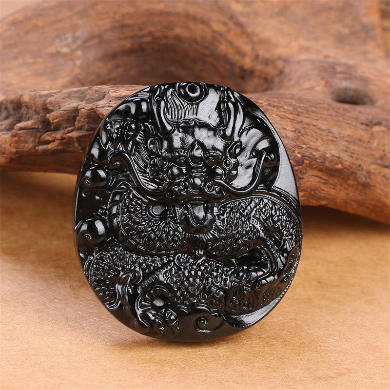 Natural Black Obsidian Round Dragon Carved Protection Necklace Pendant