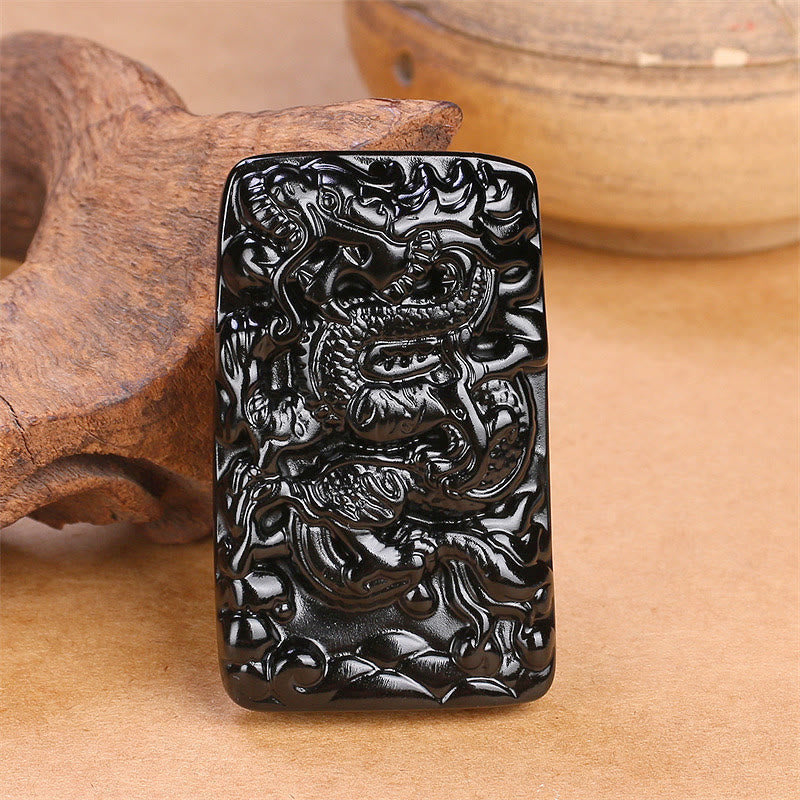 Natural Black Obsidian Rectangular Dragon Engraved Success Necklace Pendant
